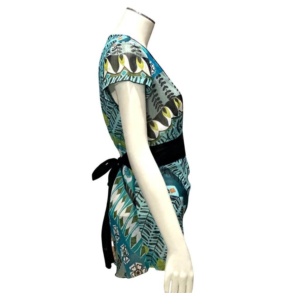 Wrapper Size Sm Teal Black Statement Print Deep V Wrap Tie Waist Peplum Top Chic - Picture 3 of 10